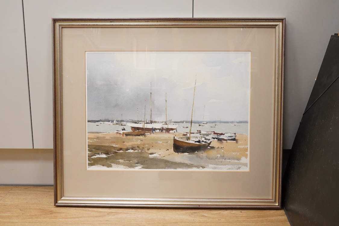 20th century School, Beach scene with sailing boats, indistinctly signed, watercolour, 34 x 47cm
